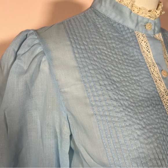 Vintage 60 70 MCM MOD Victorian Blue Lace High Collar Puff Sleeve Tuxedo Blouse - Picture 8 of 16